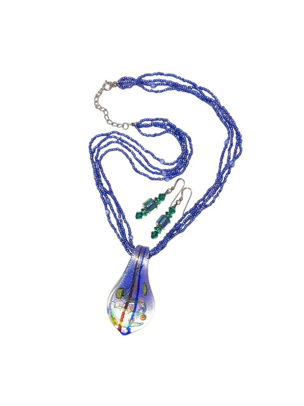 Blue Art Dichroic Glass Necklace & Earrings Set Beaded Pendant Murano Style
